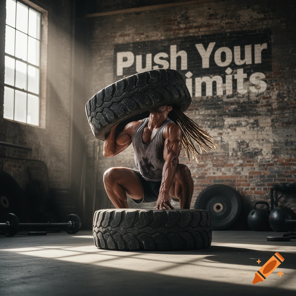 A strong man with dreadlocks squats between two large tires in a dimly lit, gritty gym, under a wall sign reading 'Push Your Limits'.