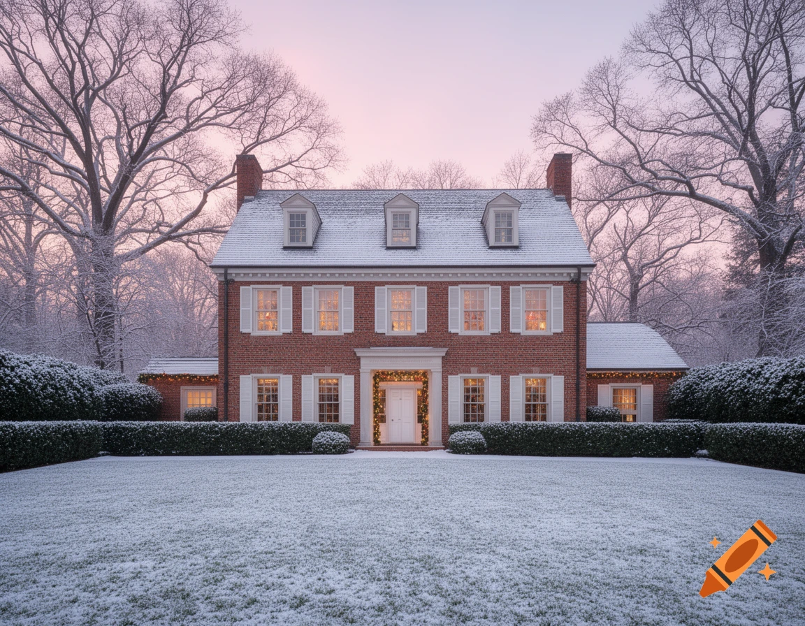 A classic red brick house with white shutters and holiday decorations stands in a snow-covered yard under a pink winter sky.