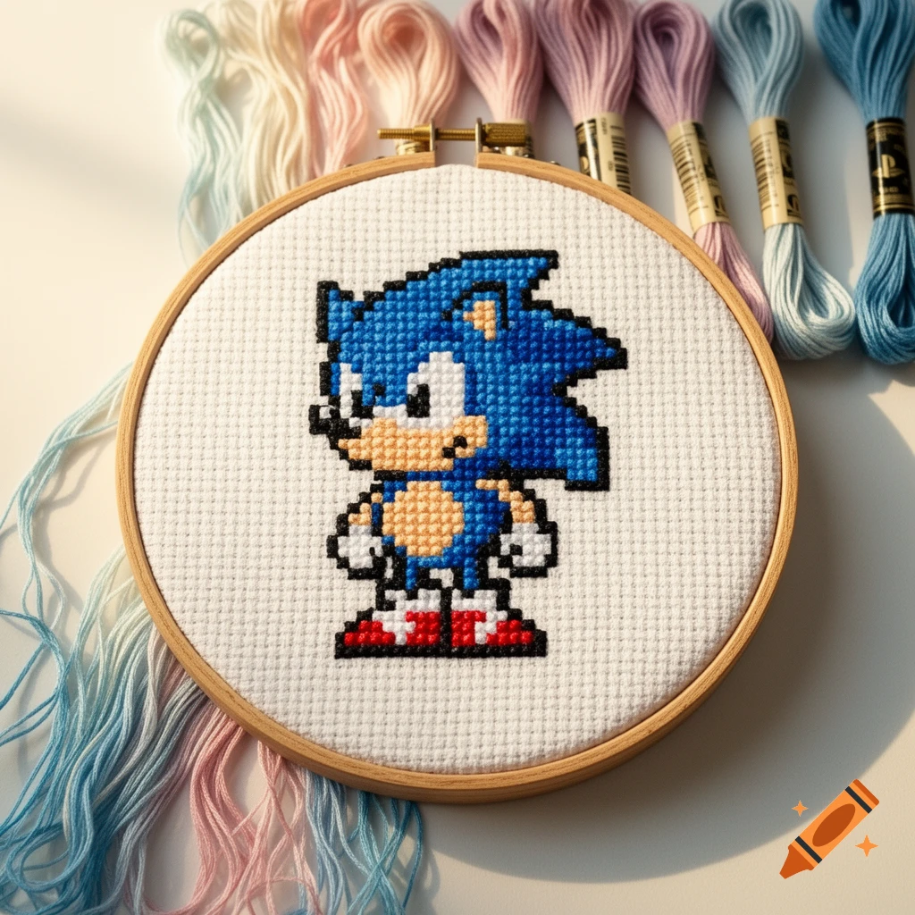Close-up of a pixelated Sonic the Hedgehog cross-stitch in a wooden hoop, surrounded by pastel embroidery floss.