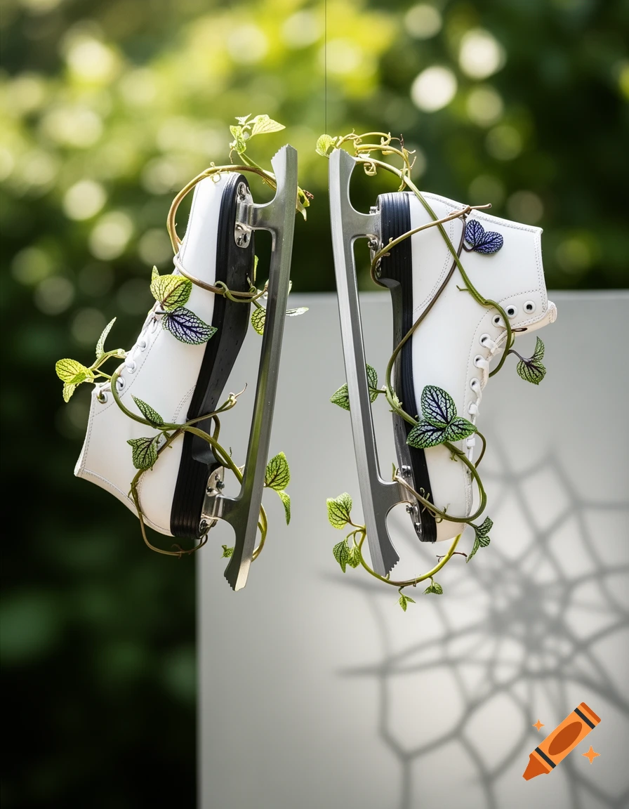 Two white ice skates, adorned with green vines, hang upside down in a still life against a soft green background.