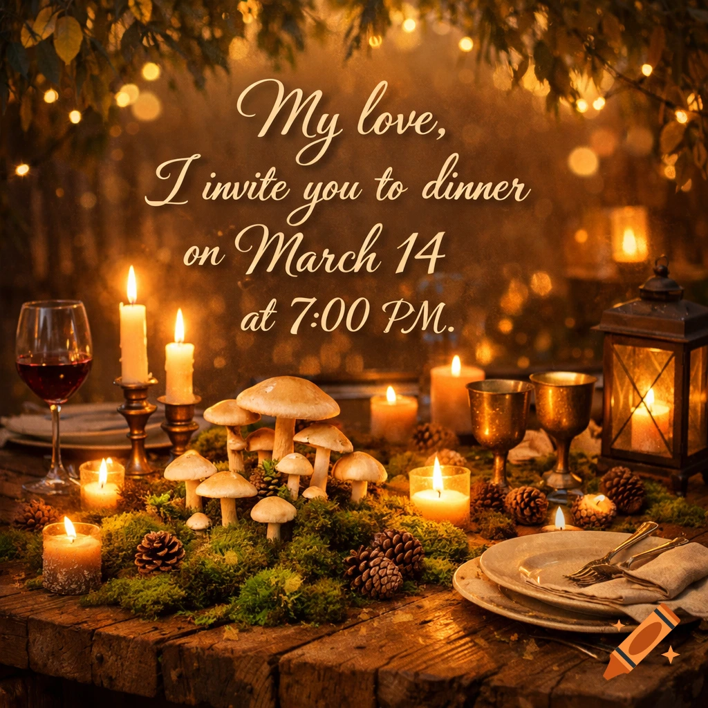 Romantic dinner invitation with mushrooms, candles, moss, and pine cones on a rustic wooden table. Text says "My love, I invite you to dinner on March 14 at 7:00 PM."