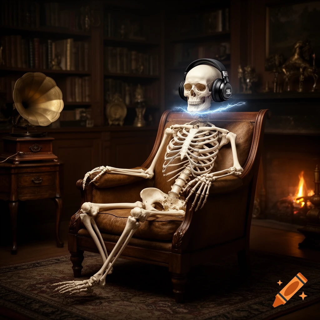 Photorealistic skeleton in JBL headphones sits in an armchair in a dim library with a fireplace and a glowing skull.