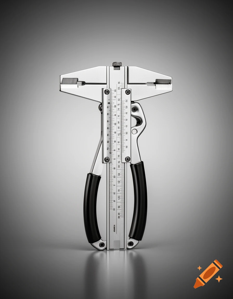A photorealistic universal caliper with black handles stands upright against a smooth gray gradient background.