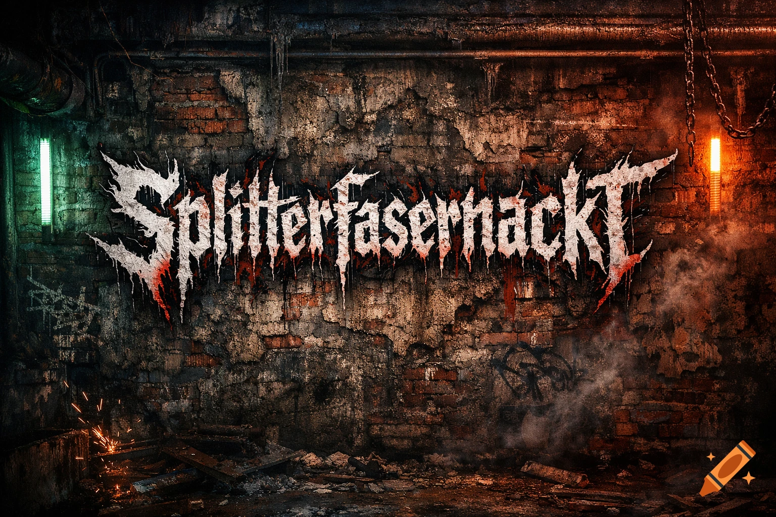 Stylized white text 'Splitterfasernackt' with red drips on a dark, grungy brick wall, illuminated by green and orange lights, with sparks and smoke.