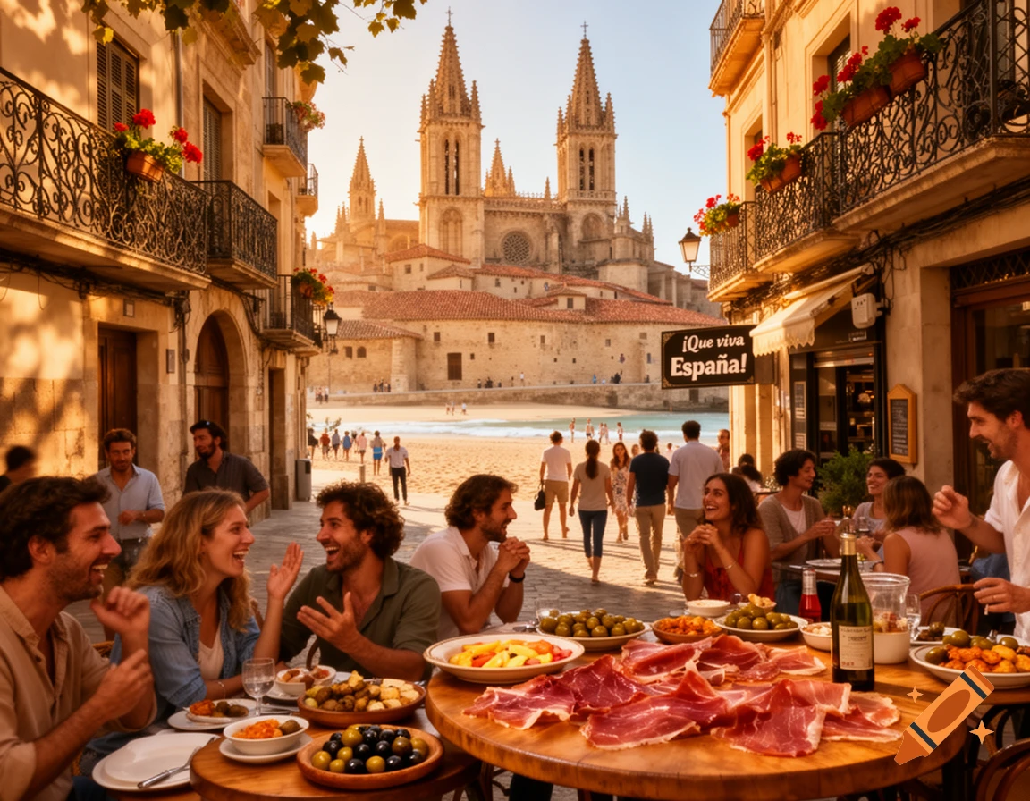 A vibrant street scene in Spain with people enjoying tapas at outdoor tables. In the background, a beach and a large cathedral are visible under a bright sky.