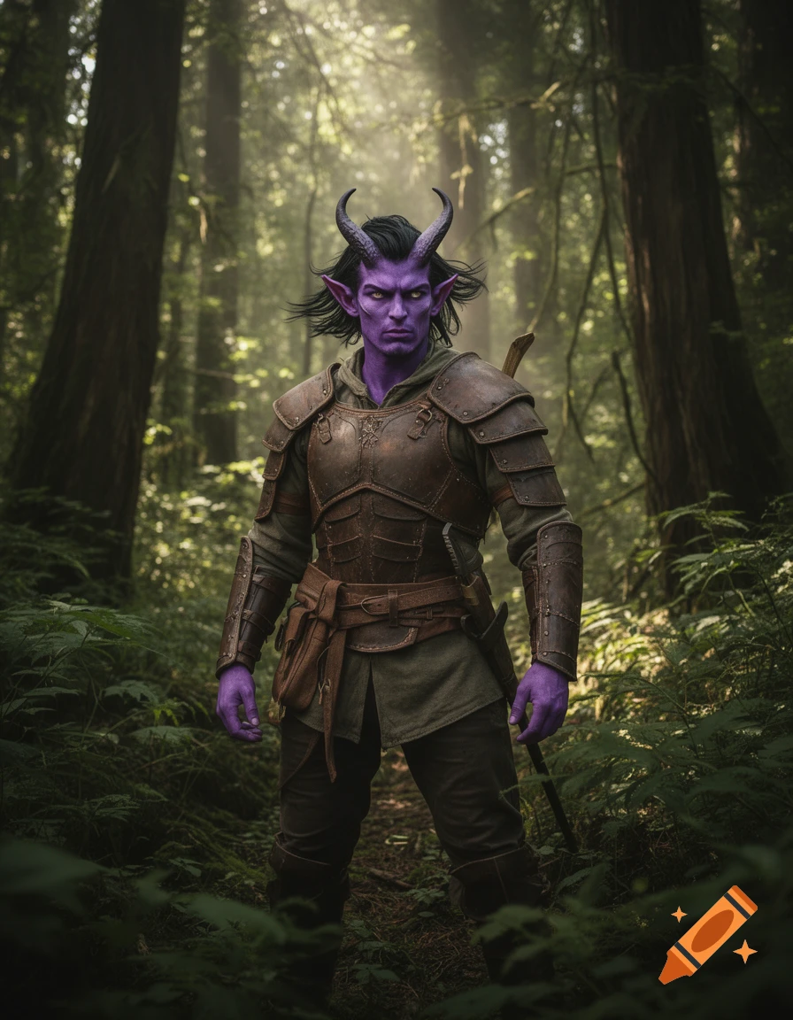 A purple-skinned Tiefling ranger in leather armor stands in a sunlit forest.