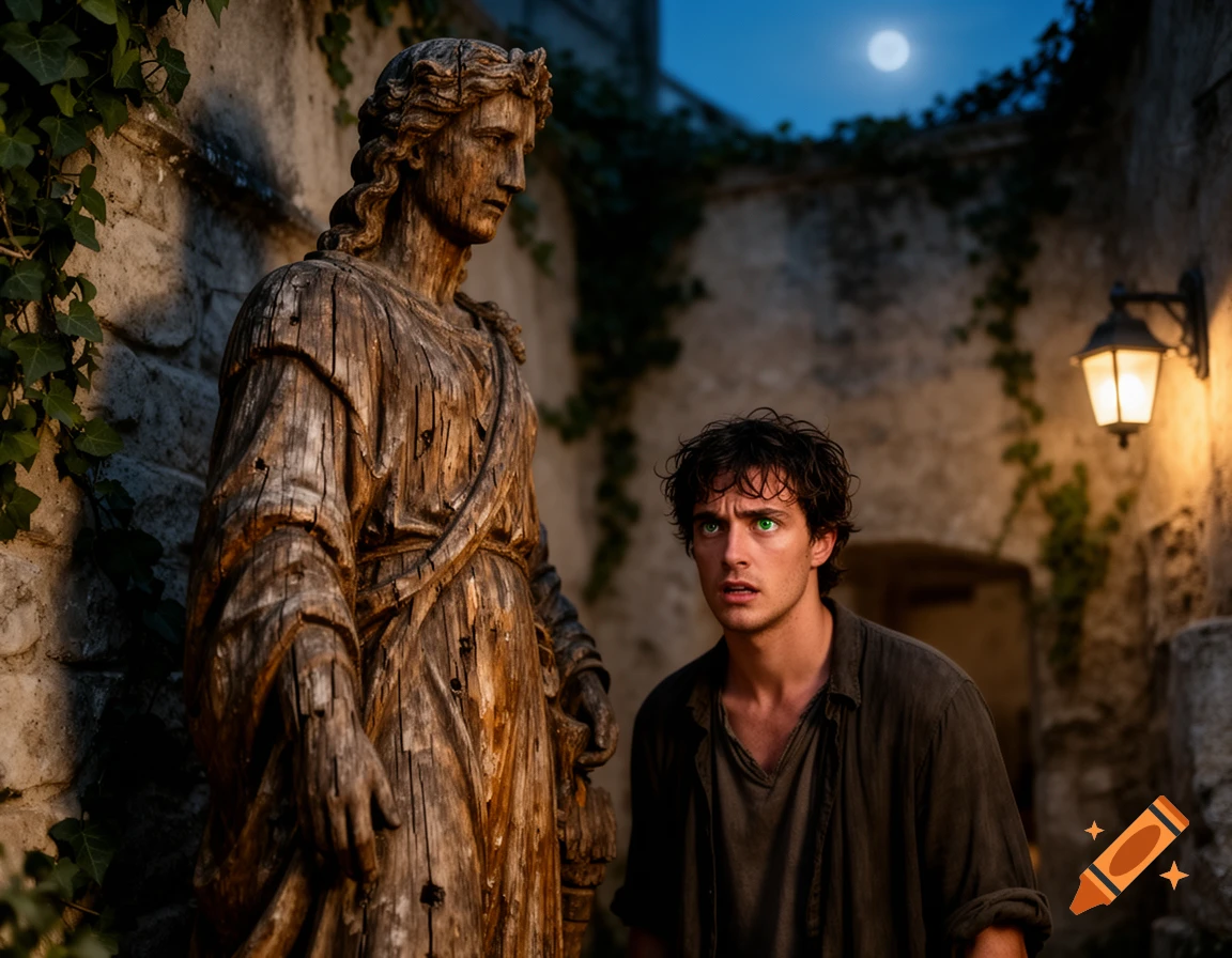 A startled man with glowing green eyes stands beside a weathered wooden statue in an old stone courtyard at night under a full moon.