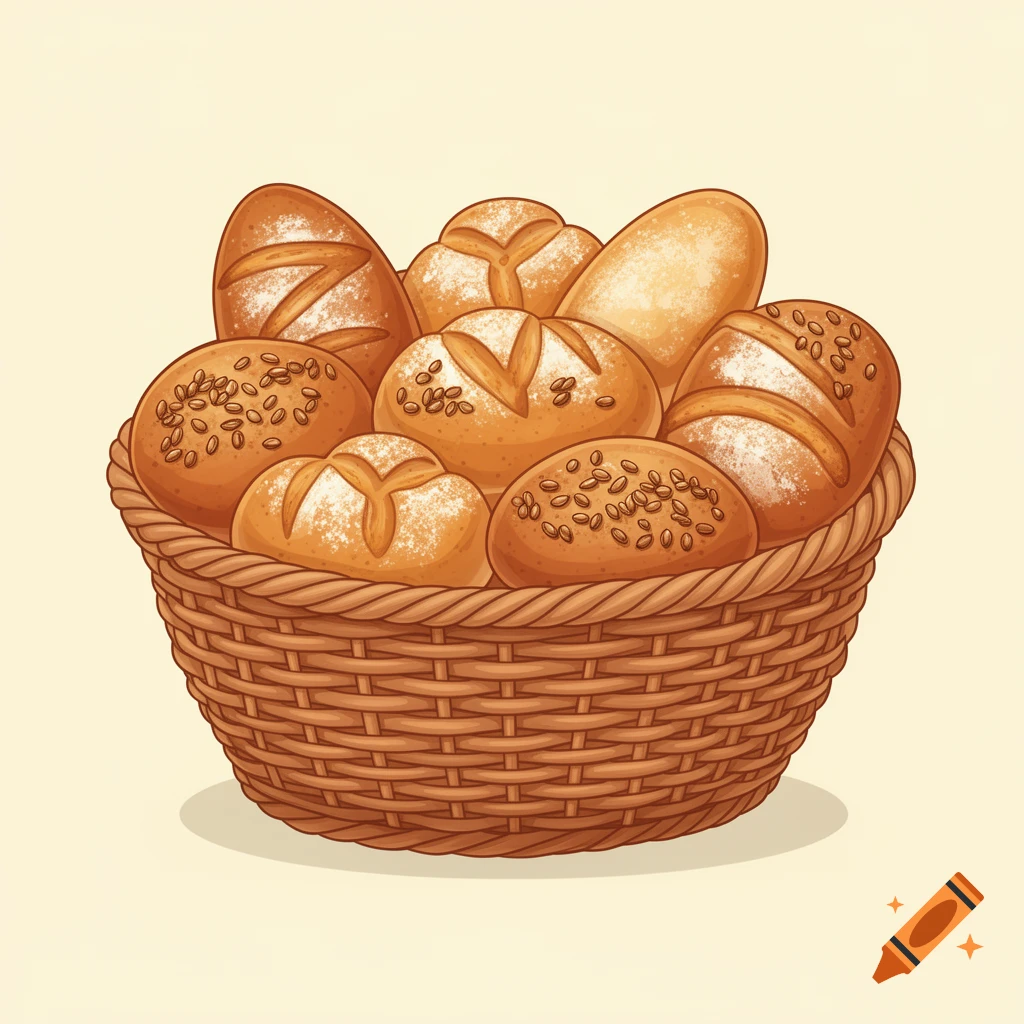 A woven basket overflowing with various types of bread rolls, some topped with sesame seeds or powdered sugar, in a cartoon style.