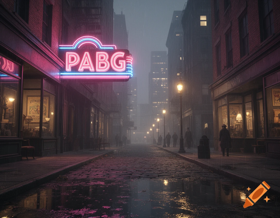 Rainy city street at night with glowing 'PABG' neon sign, cobblestones, and distant figures.