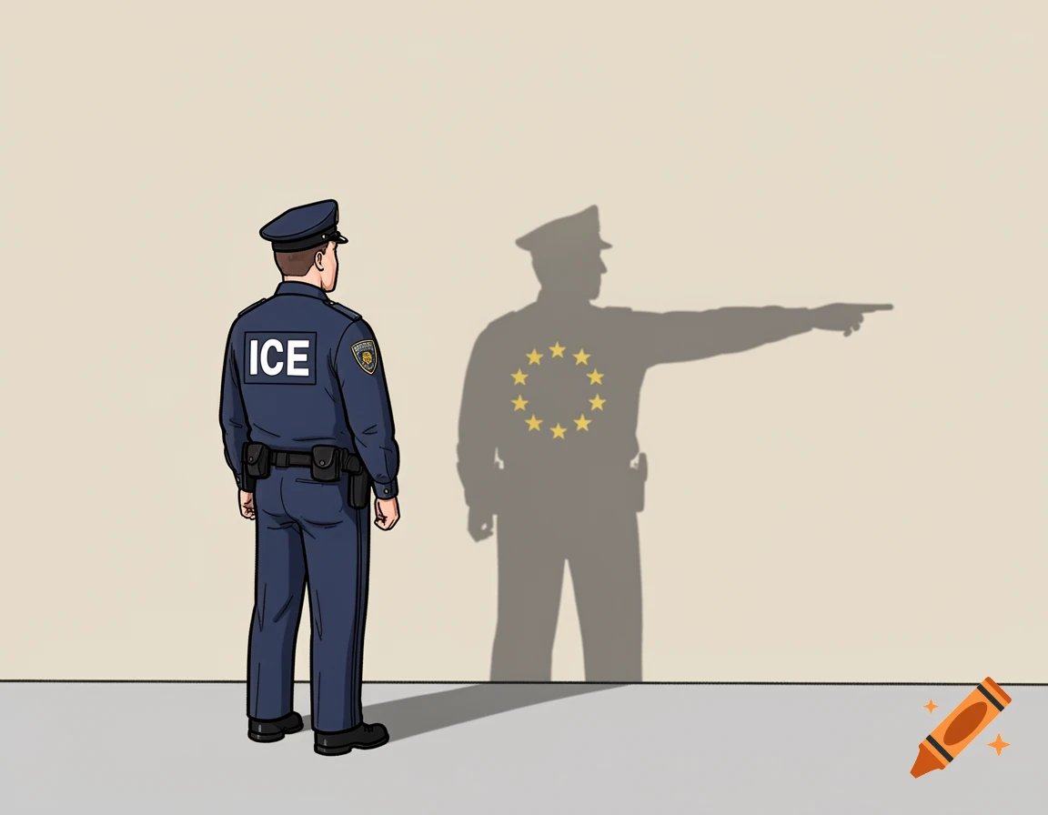 A political cartoon depicts an ICE officer whose shadow is a European border guard with EU stars pointing forward.
