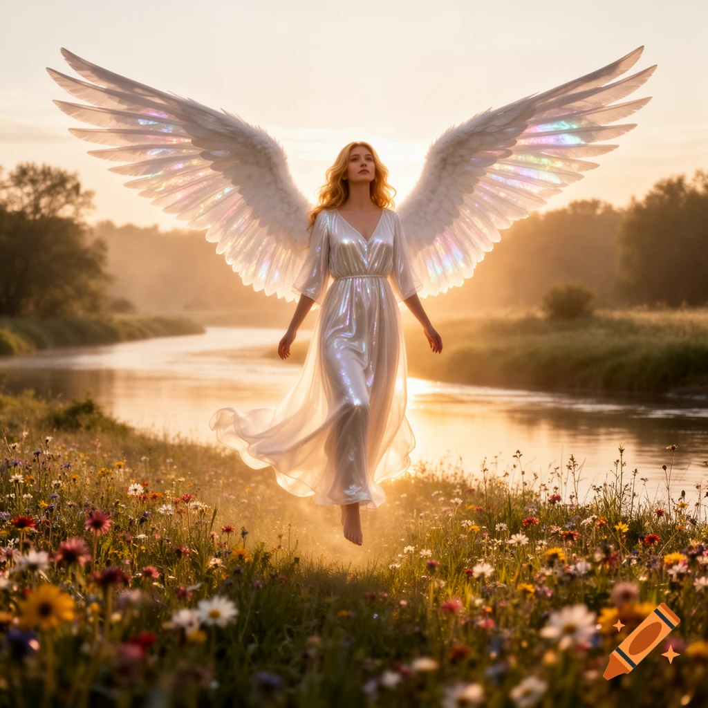 A radiant female angel in a shimmering white gown levitates over a field of wildflowers by a river at sunset, photorealistic style.