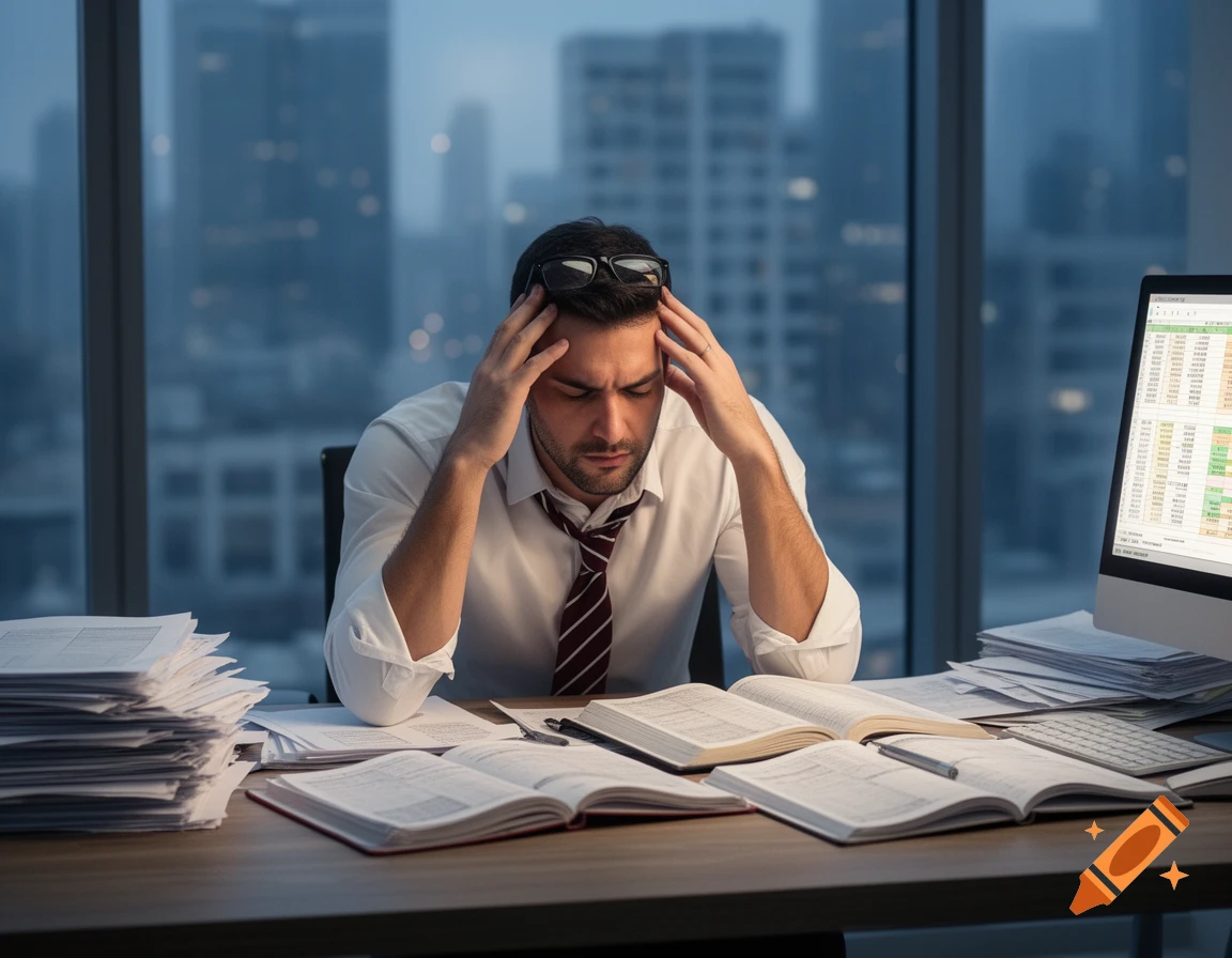 An overwhelmed accountant in a white shirt and striped tie sits at a desk piled with papers and open books, holding his head in his hands, with a city skyline outside his office window.