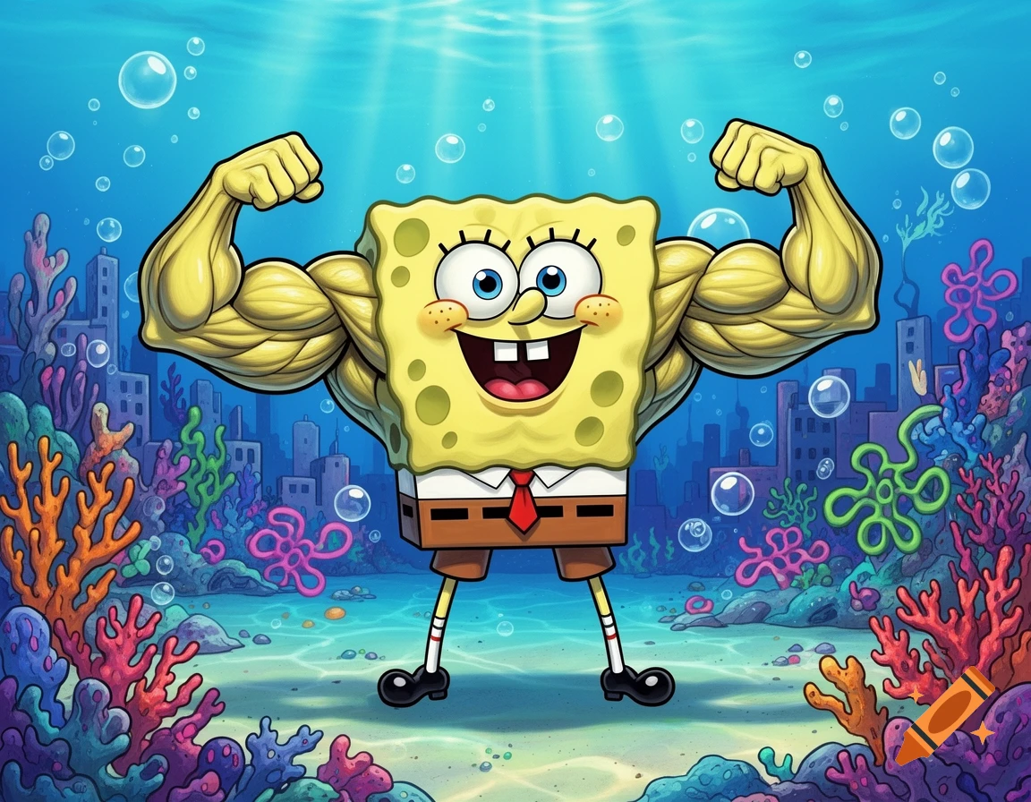 Cartoon Spongebob Squarepants flexing his muscular arms underwater with colorful coral and bubbles.