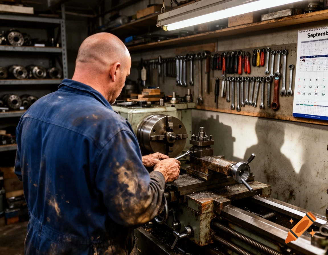 A bald man in a dirty blue overall operates a metal lathe in a workshop, viewed from behind, with tools on the wall.