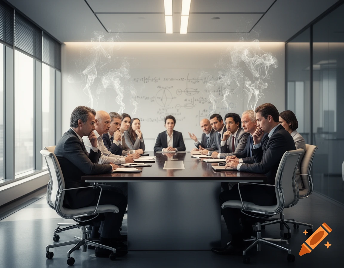 A diverse group of business professionals in a modern conference room, with smoke symbolically rising from their heads in a photorealistic style.