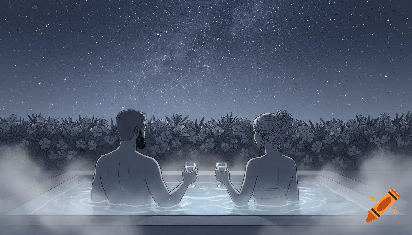 Stylized illustration of a couple in a jacuzzi at night, seen from behind, looking at a starry sky.