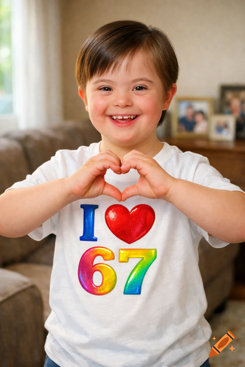 A smiling boy with Down syndrome makes a heart with his hands while wearing an 'I 67' t-shirt.