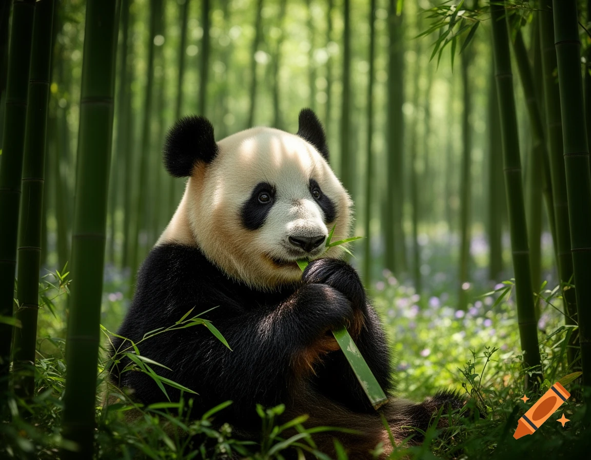 A photorealistic panda sits and eats a bamboo stalk in a lush, sunlit ...
