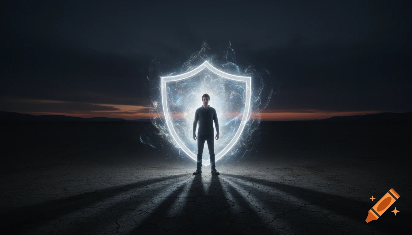 A person stands on dark, cracked earth, surrounded by a glowing energy shield against a somber sky with a sunset horizon.