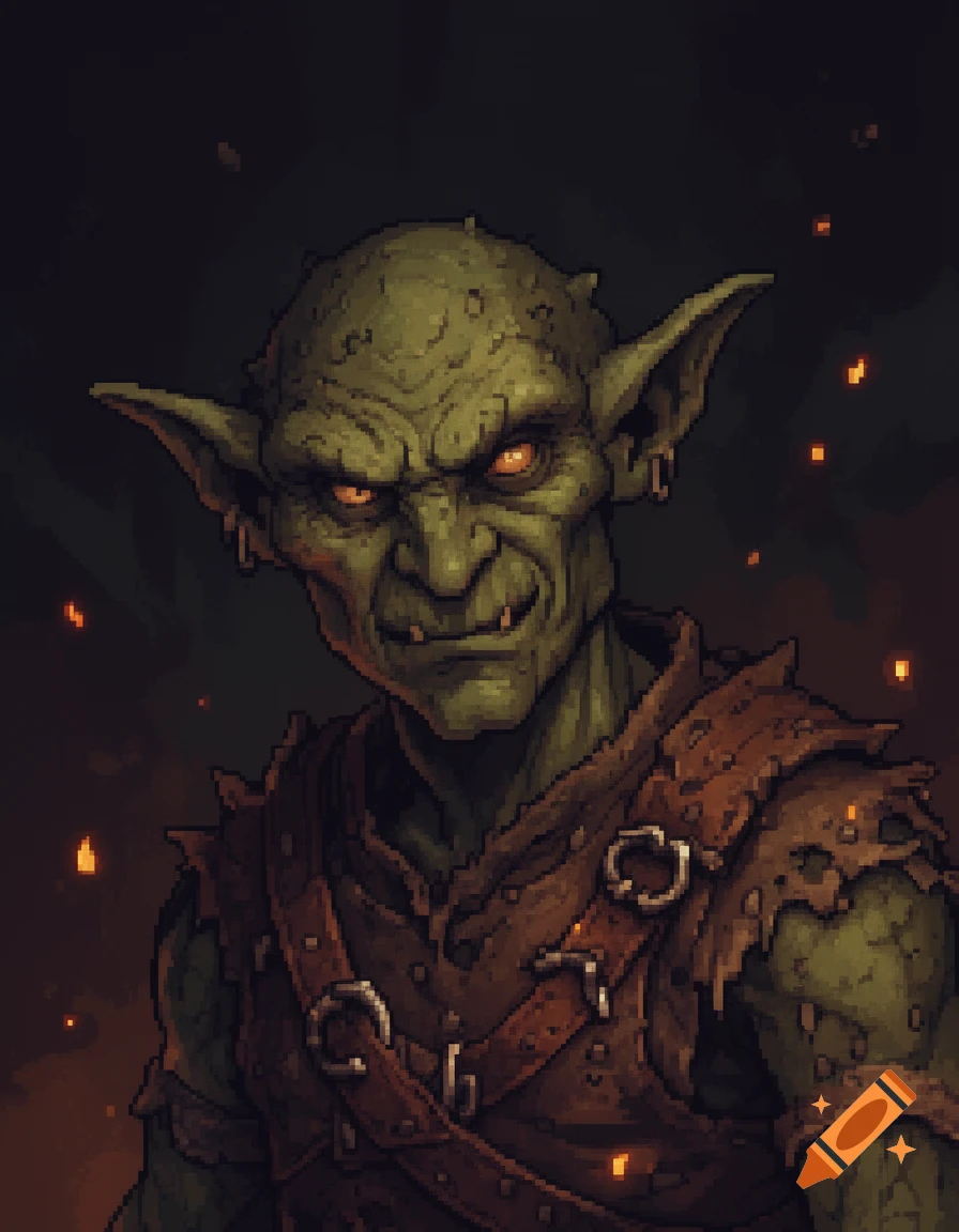 Pixel art portrait of a green-skinned goblin with glowing orange eyes, pointy ears, and leather armor against a dark, fiery background.
