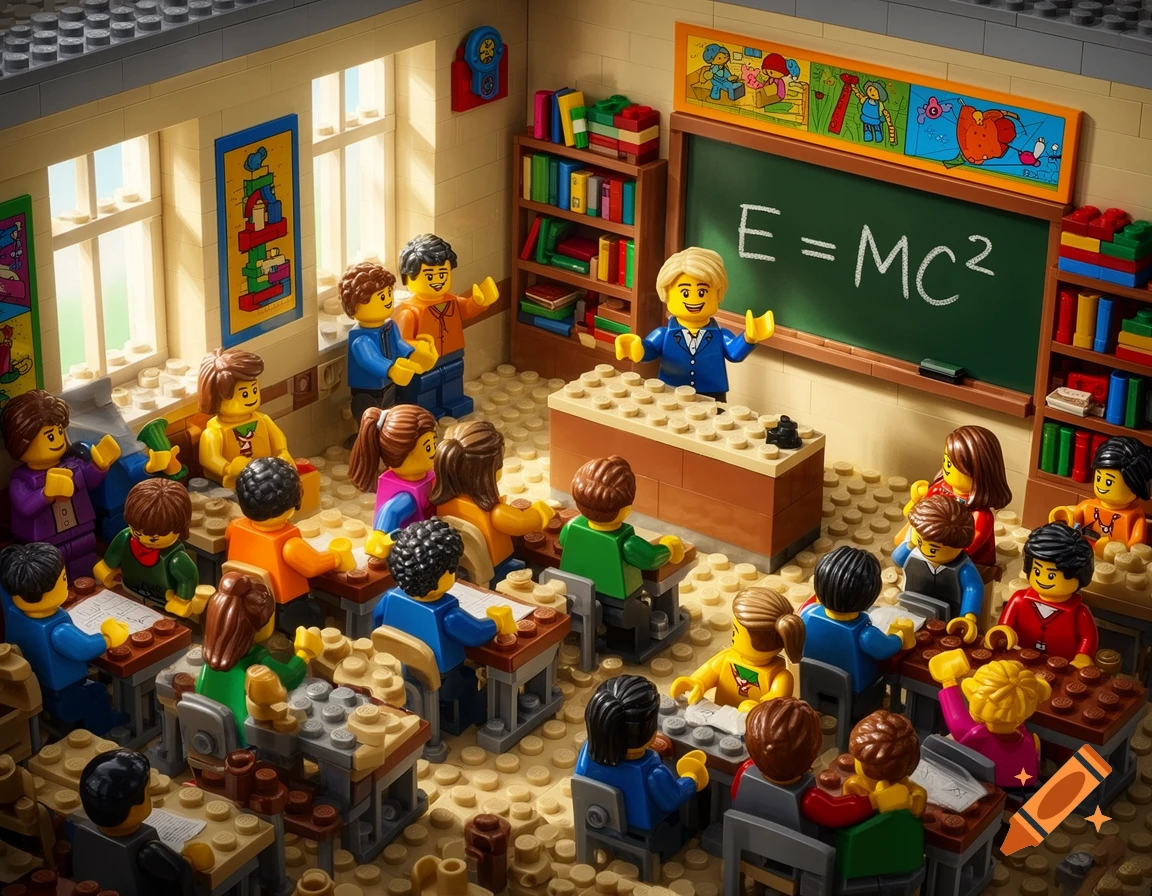 Lego minifigures in a bright classroom, with a teacher at the front and students at desks, featuring a blackboard with E=MC^2.