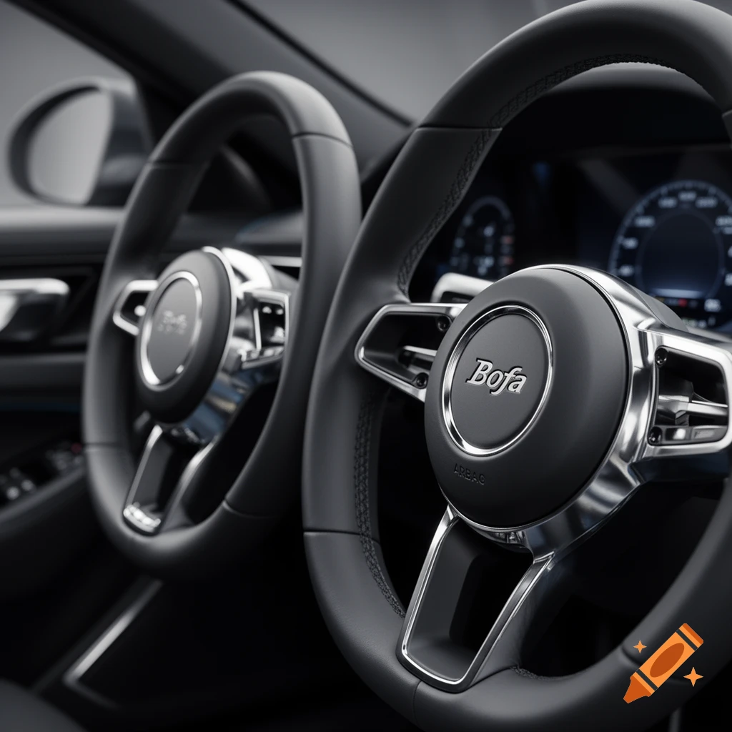 Close-up of two modern car steering wheels with chrome accents, featuring the 'Bofa' logo and digital dashboards.
