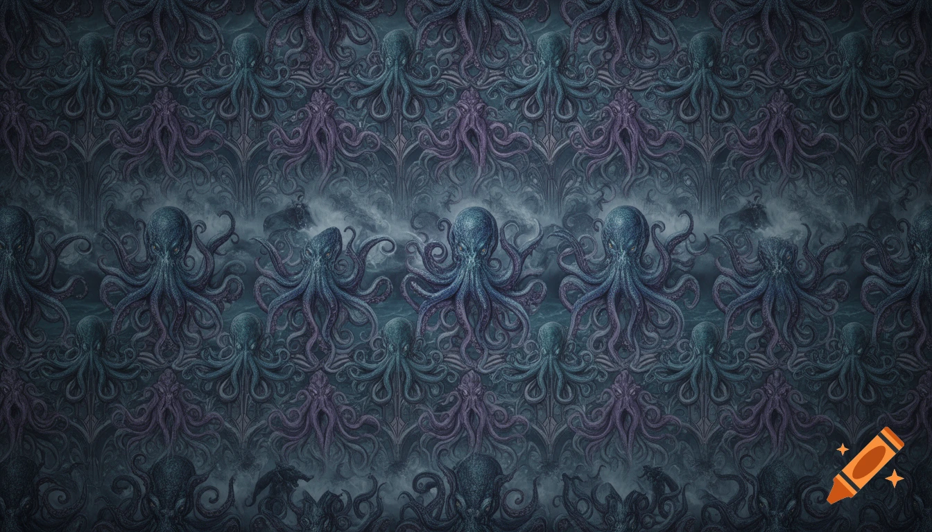 A seamless wallpaper pattern with stylized Cthulhu-like octopuses in shades of blue and purple against a dark, gothic background.