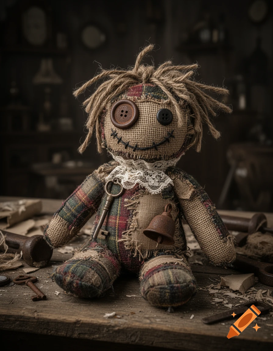 A creepy-cute patchwork ragdoll with button eyes and twine hair sits on a wooden table with old keys and a bell, in a vintage style.