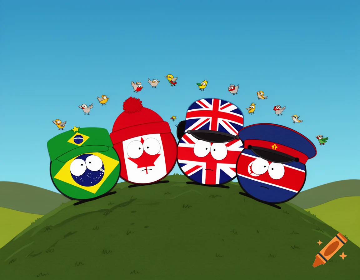 Four South Park-style countryballs: Brazil, Canada, UK, and North Korea stand on a green hill under a blue sky with birds.