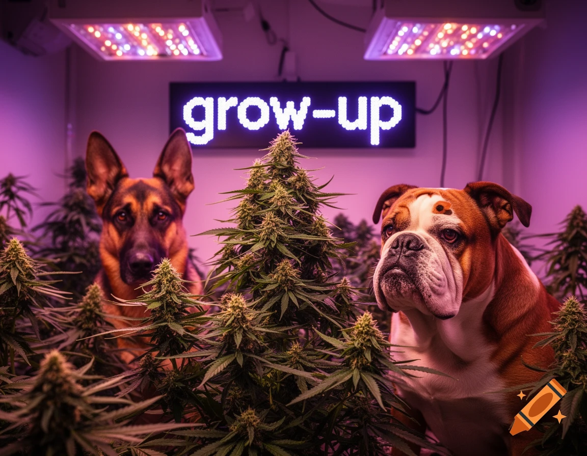 German Shepherd and Bulldog in a cannabis grow room under purple lights, with a 'grow-up' sign.