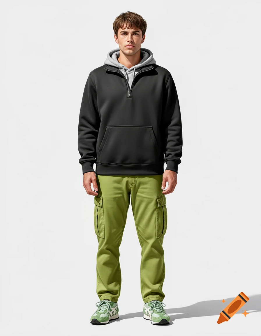 A man in a black half-zip pullover, gray hoodie, olive cargo pants, and light green sneakers stands against a white background.