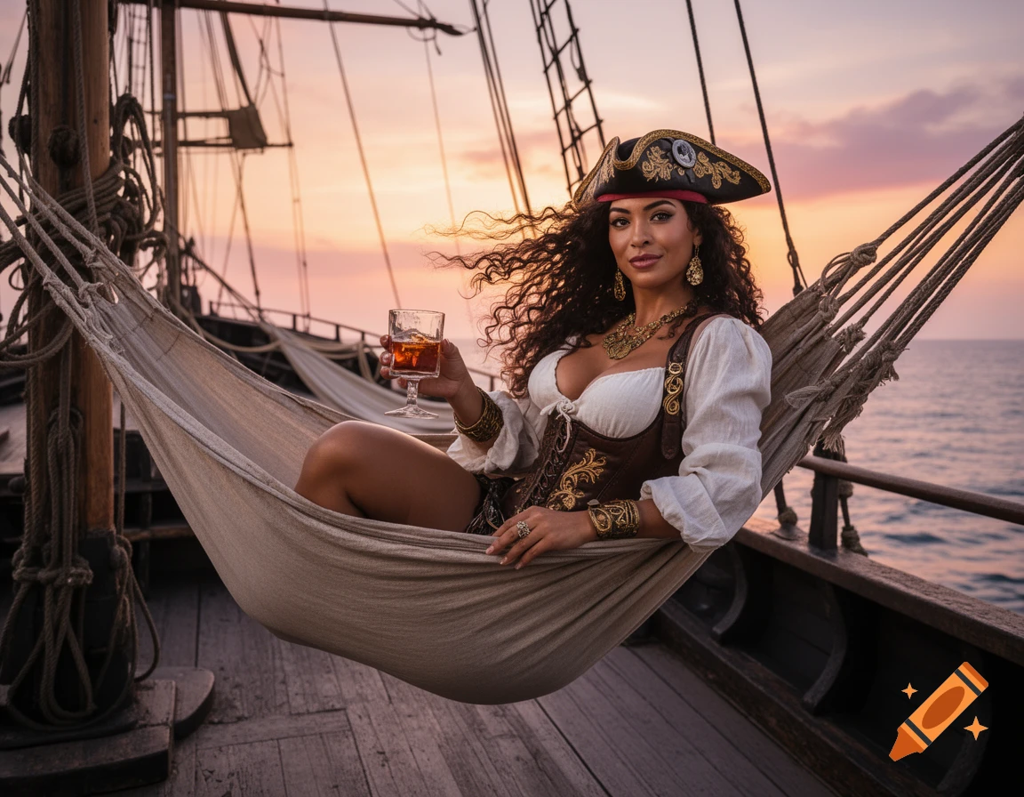 A photorealistic image of a beautiful woman dressed as a pirate, with dark curly hair and a tricorn hat, lounging in a hammock on a ship's deck at sunset, holding a glass with an amber drink.