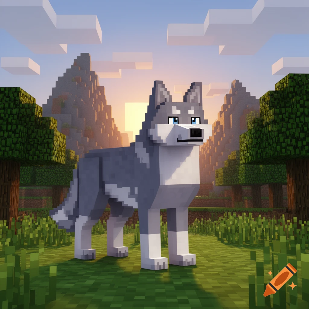 A blocky gray and white Minecraft wolf stands in a grassy field with trees and mountains at sunset.