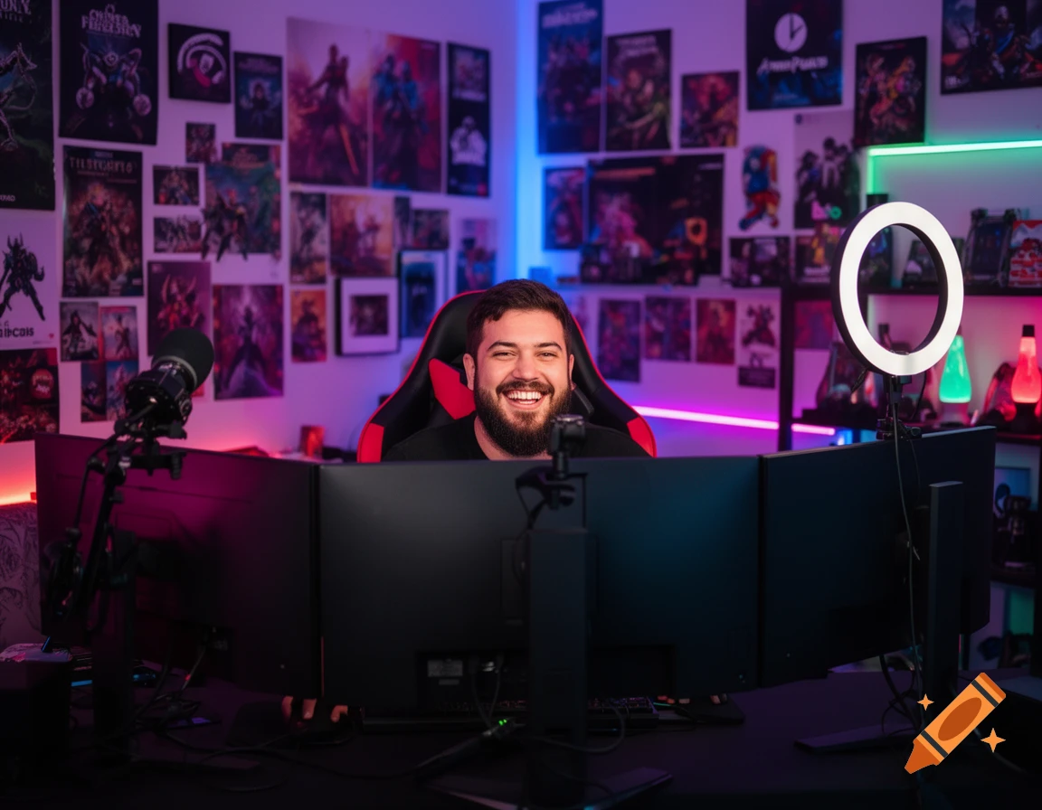 A happy bearded male streamer sits at a desk with three monitors, a microphone, and a ring light in a vibrant neon-lit room covered in game posters.