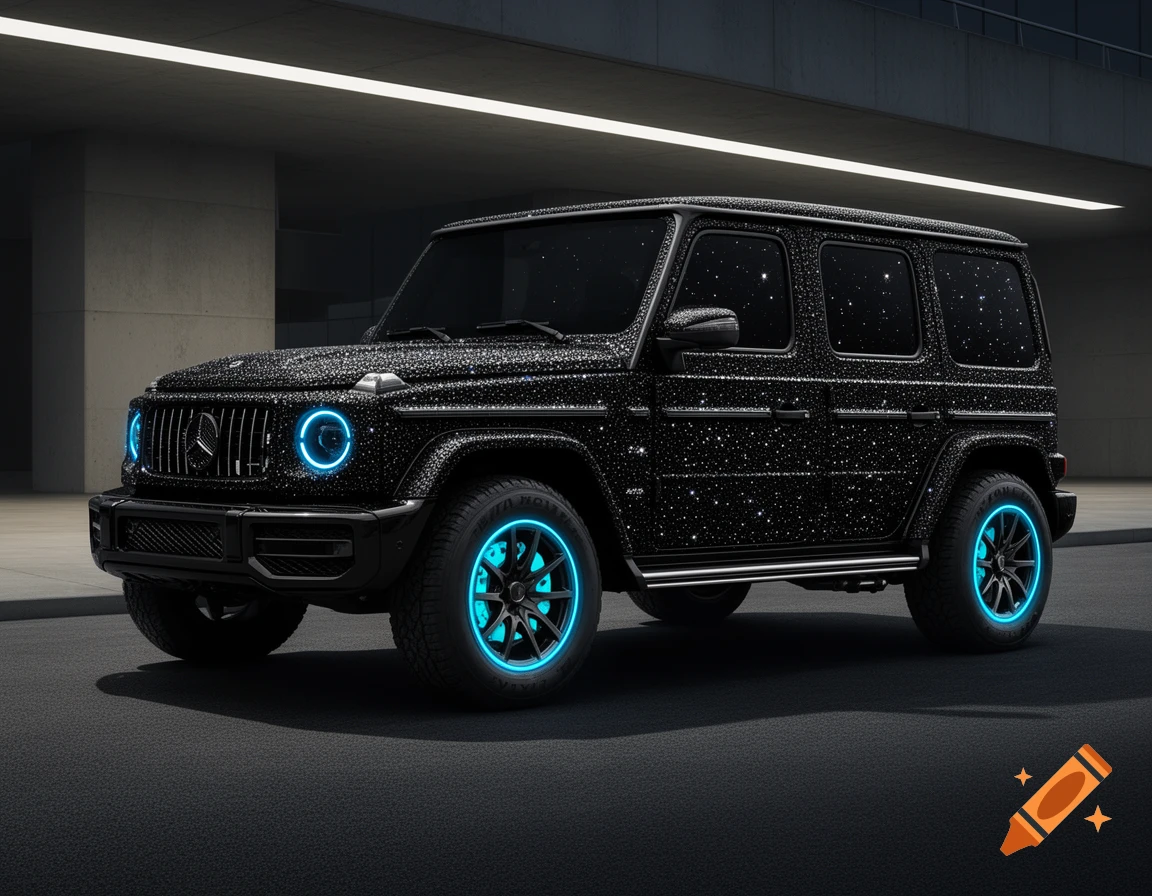 Black Mercedes-Benz G-Wagen covered in glitter, featuring glowing blue headlights and wheels, parked in a modern garage.
