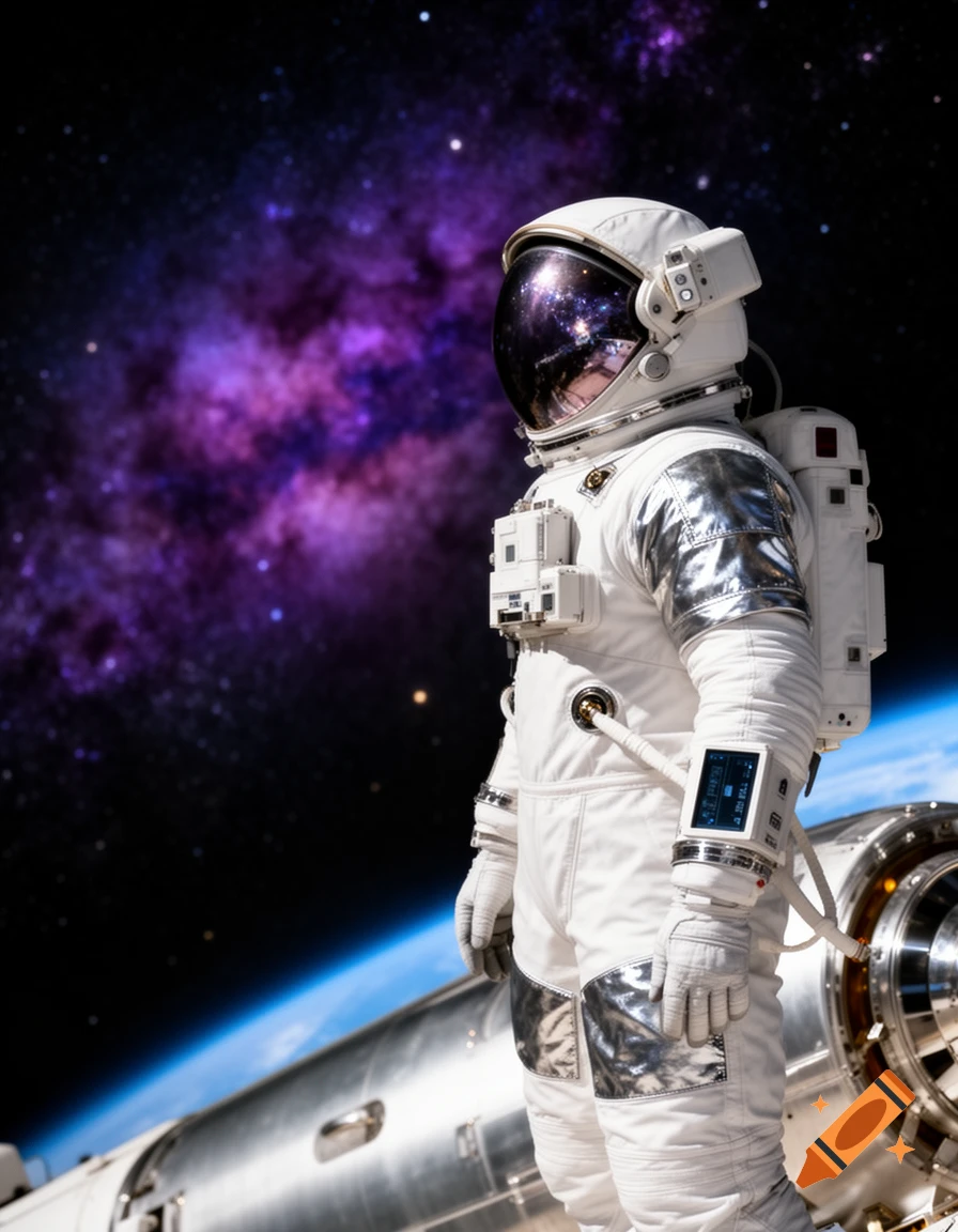 Astronaut in a white spacesuit floating in space with a purple nebula and Earth visible in the background.