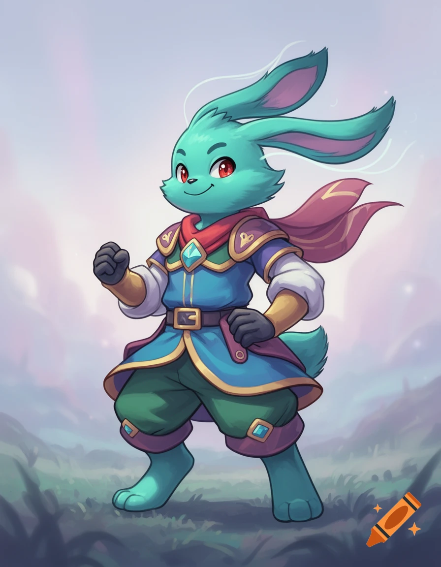A teal anthropomorphic rabbit warrior with red eyes, wearing a blue tunic and red cape, stands in a fantasy landscape.