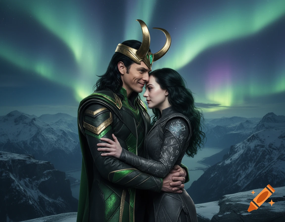Loki and Sylvie embrace affectionately atop snowy mountains under vibrant green and purple northern lights.