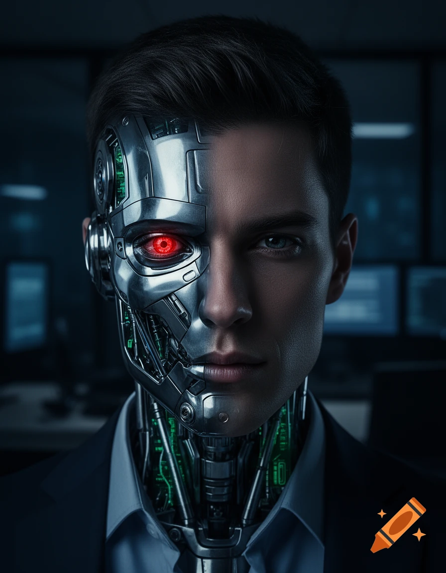 Futuristic portrait of a man, half human face, half metallic cyborg with a glowing red eye, wearing a suit.