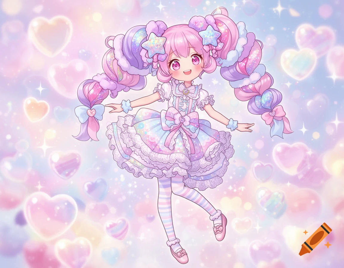A cute anime girl with pink pigtails, a pastel dress with bows and lace, and striped stockings floats amidst a background of floating hearts and sparkles.