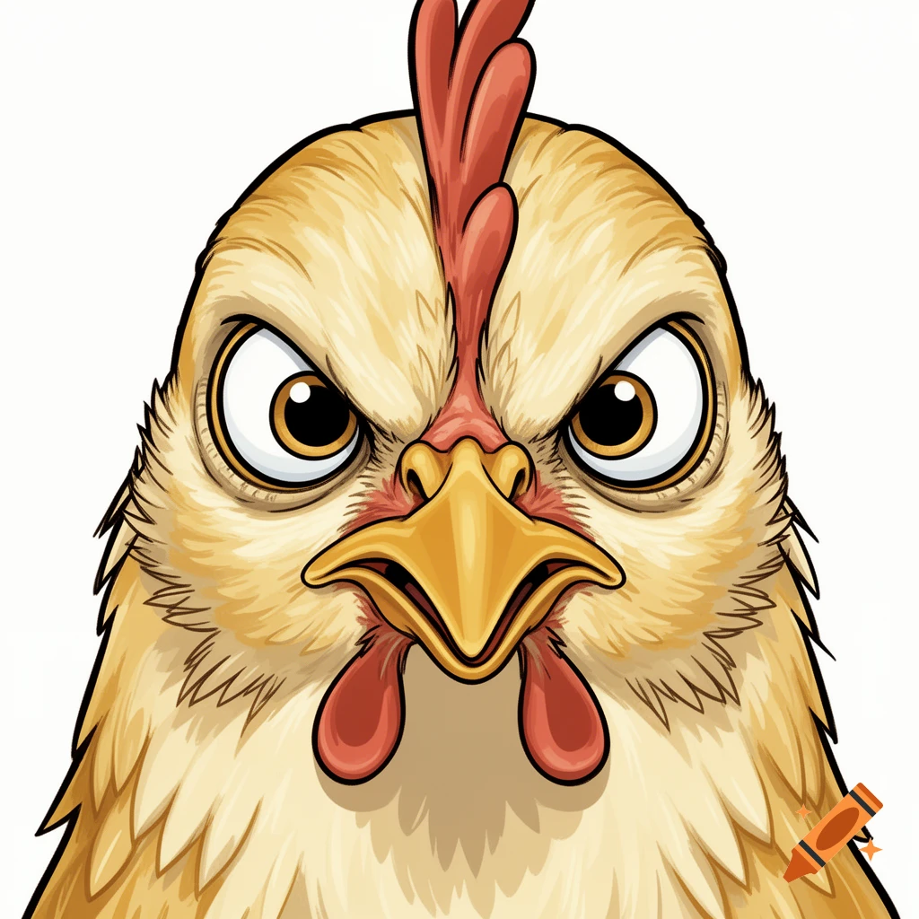 A close-up cartoon of an angry chicken face with large eyes, furrowed brow, and a red comb, staring intensely against a white background.