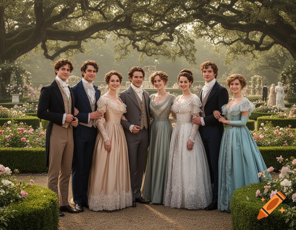 Seven young adults in elegant period clothing pose in a lush regency-era garden, photorealistic.