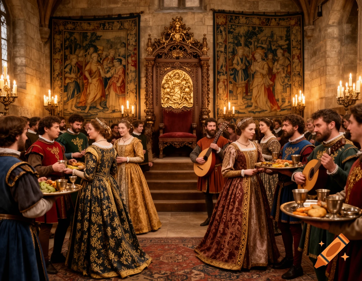 Photorealistic scene of a lively Renaissance court in a grand hall. Figures in elaborate period costumes mingle with musicians and food.
