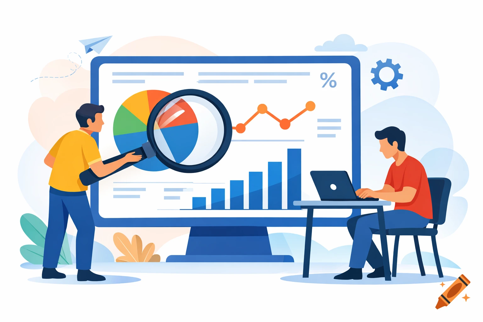 Flat illustration of two men analyzing data on a large screen with charts, one with a magnifying glass, one on a laptop.