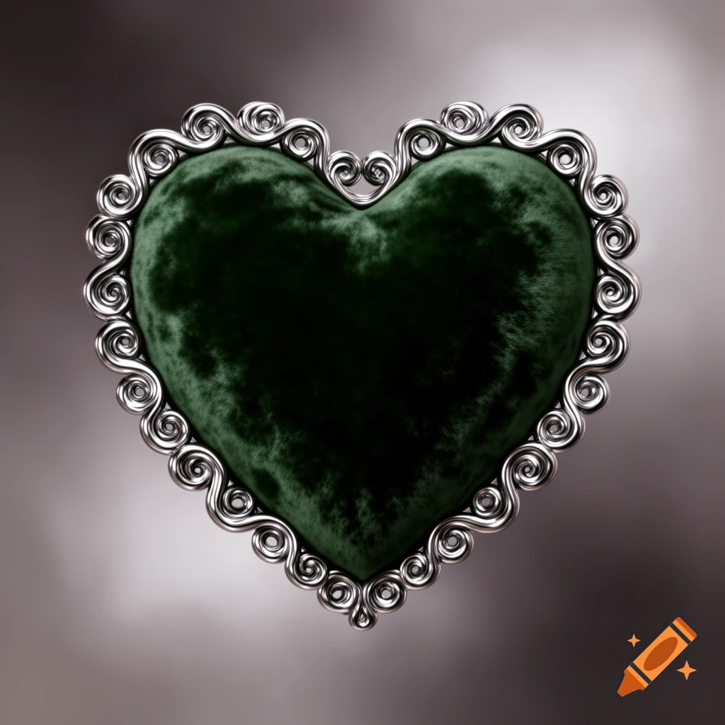 A dark green velvet love heart with a swirly chrome border, centered on a gradient background.