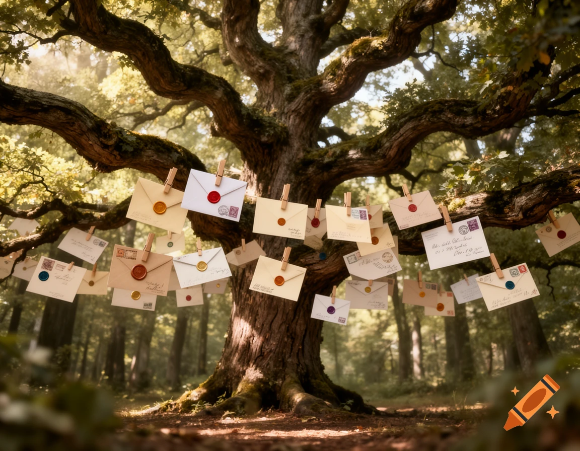 An ancient, gnarled tree in a sunlit forest, adorned with numerous letters and wax-sealed envelopes hanging from its branches.