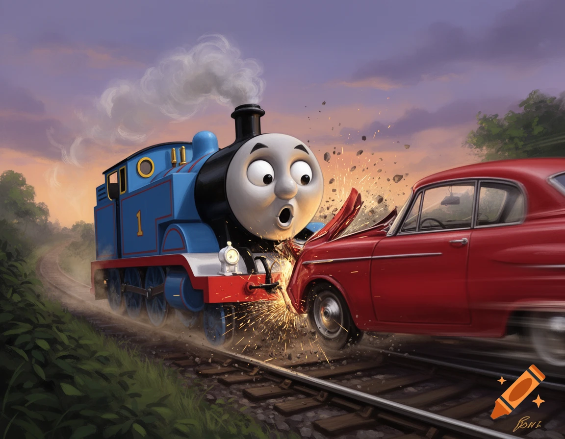 Thomas the Tank Engine crashes into a red car on train tracks, with sparks and debris flying as the car is mangled.