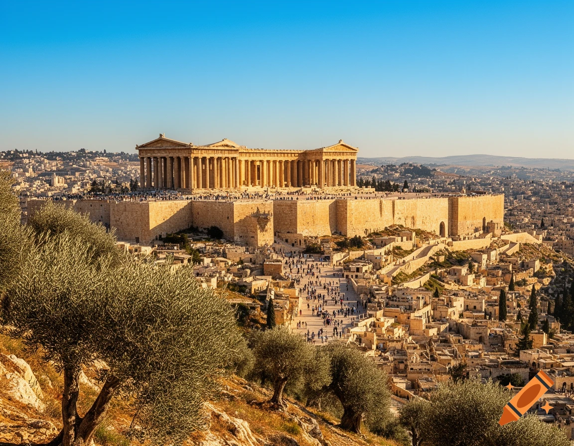 Photorealistic view of a grand ancient temple, resembling the Parthenon, on a hill overlooking a sprawling city, with olive trees.