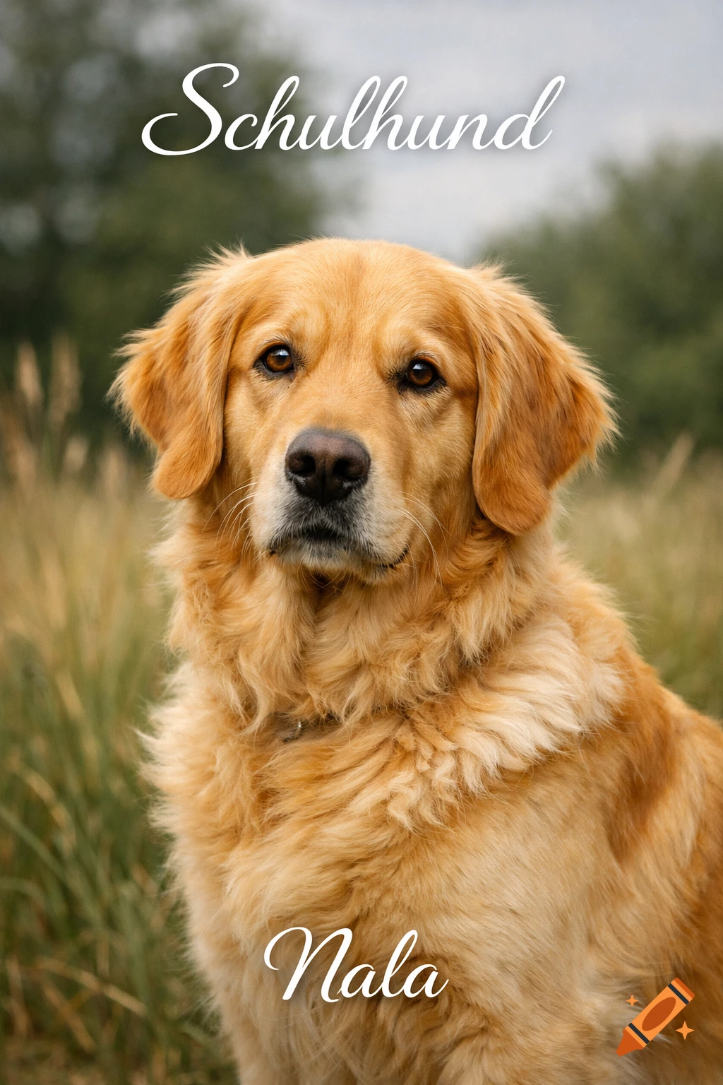 Photorealistic portrait of a golden retriever dog in a grassy field. Text "Schulhund" is at the top, "Nala" at the bottom.