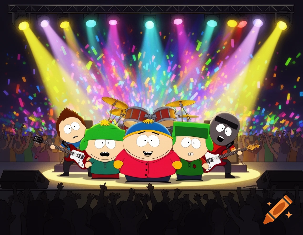 South Park characters perform in a band on stage with confetti falling, viewed from the audience.